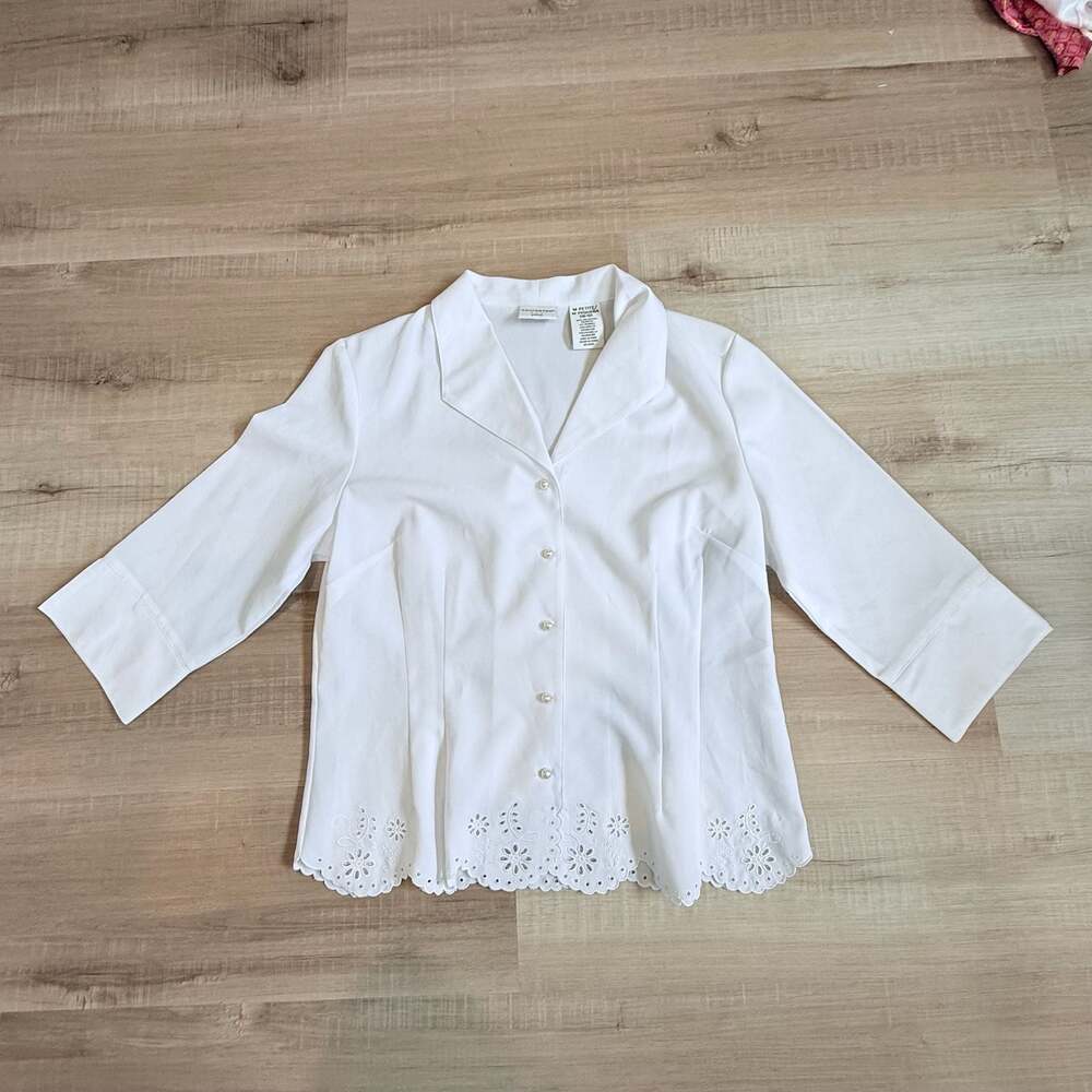 Vintage Covington White Eyelet Hem Button Down Shirt Size Petite M